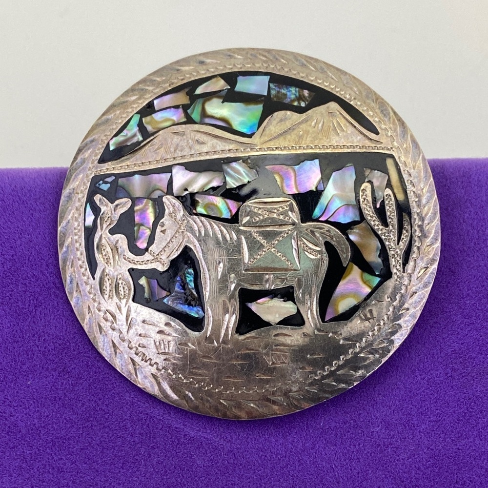 💛Vintage Sterling Silver Mexico Abalone Inlay Horse Concho | Southwestern Brooch